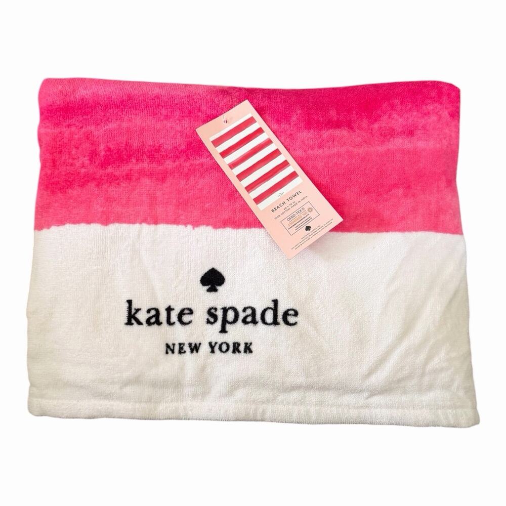 NEW Kate Spade New York Beach Towel Cotton Oversized 40" x 70" Pink/White